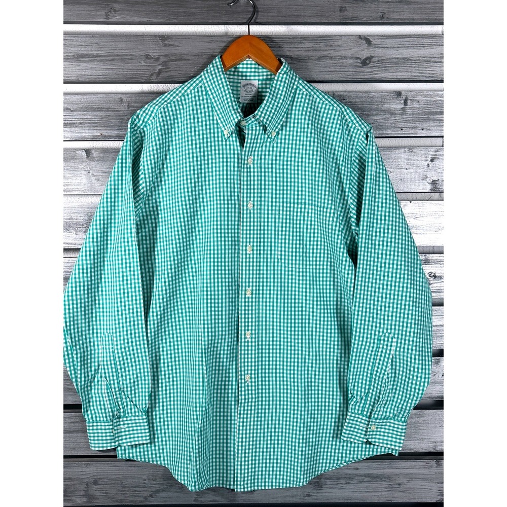 Brooks Brothers Regent Shirt Mens 17-35 Green Gingham Supima Cotton Button Down
